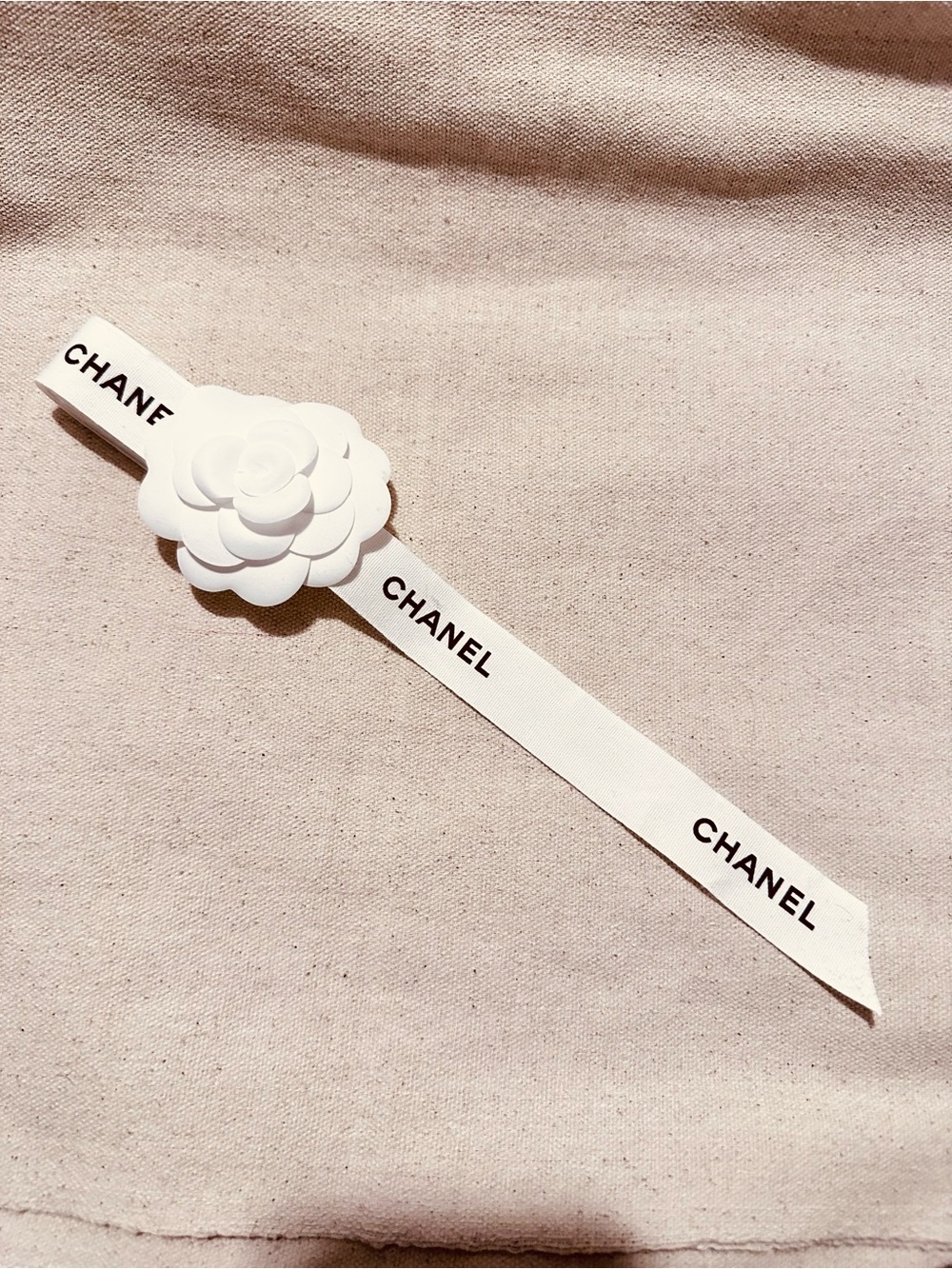 Chanel | Accessory | Chanel White Camellia White & Black Logo Ribbon Accessory